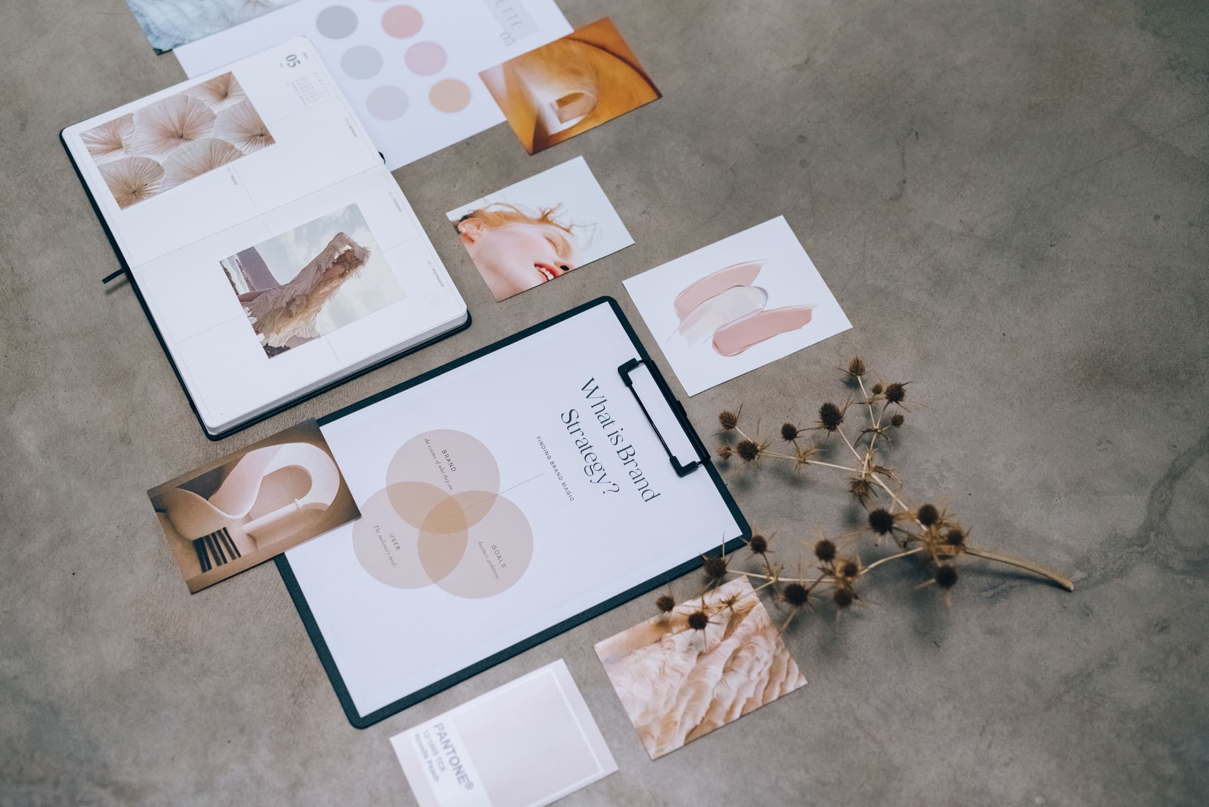 Physical brand materials and typography samples arranged on a surface